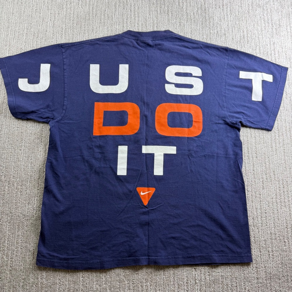 Nike Vintage Just Do It Big Logo T-Shirt Mens Size L Navy Blue Orange